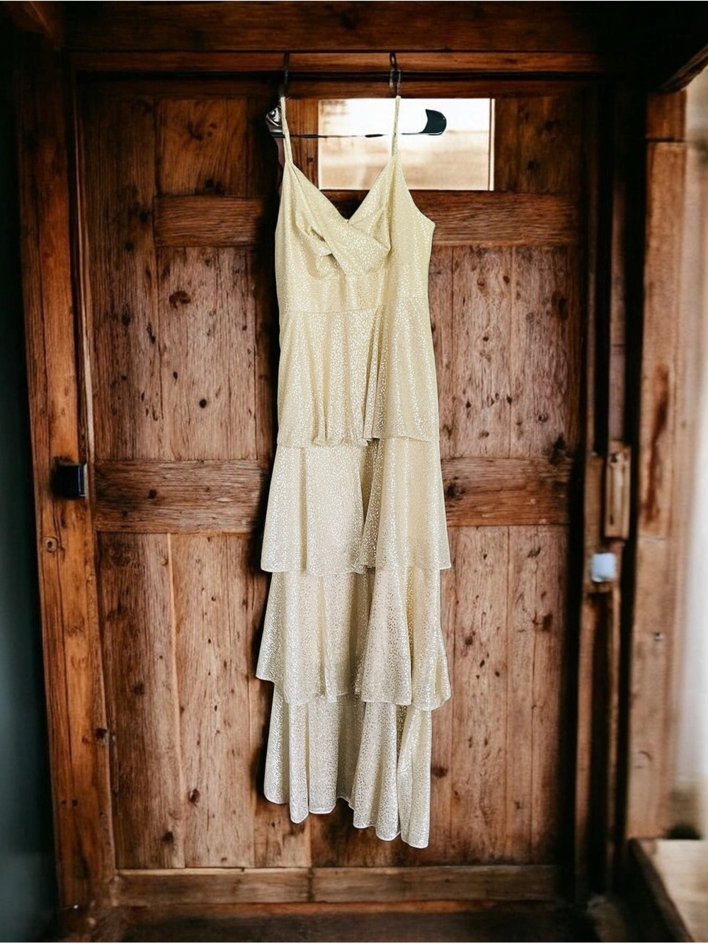 Skies Are Blue Pale Gold Shimmer Tiered Maxi Dress